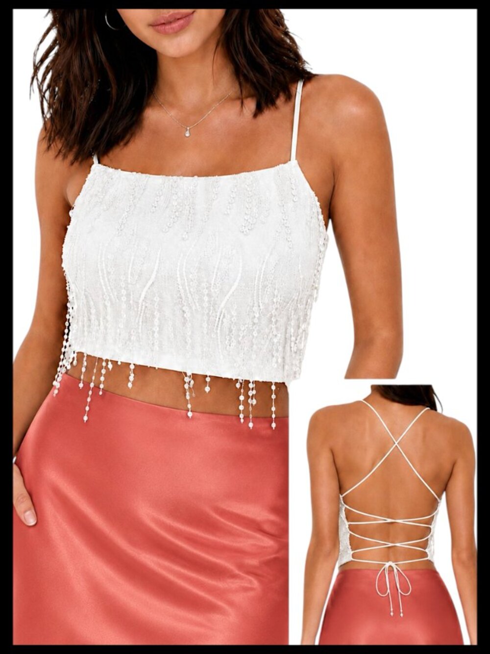 Lulus Dancing in a Dream Crop Top White Lace Up Fringe M